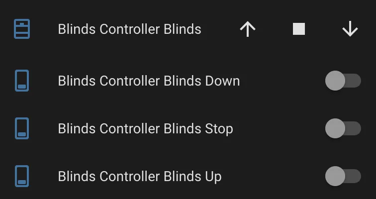 Home Assistant device page showing the Blinds cover entity with open, stop, and close controls, plus the individual GPIO switches